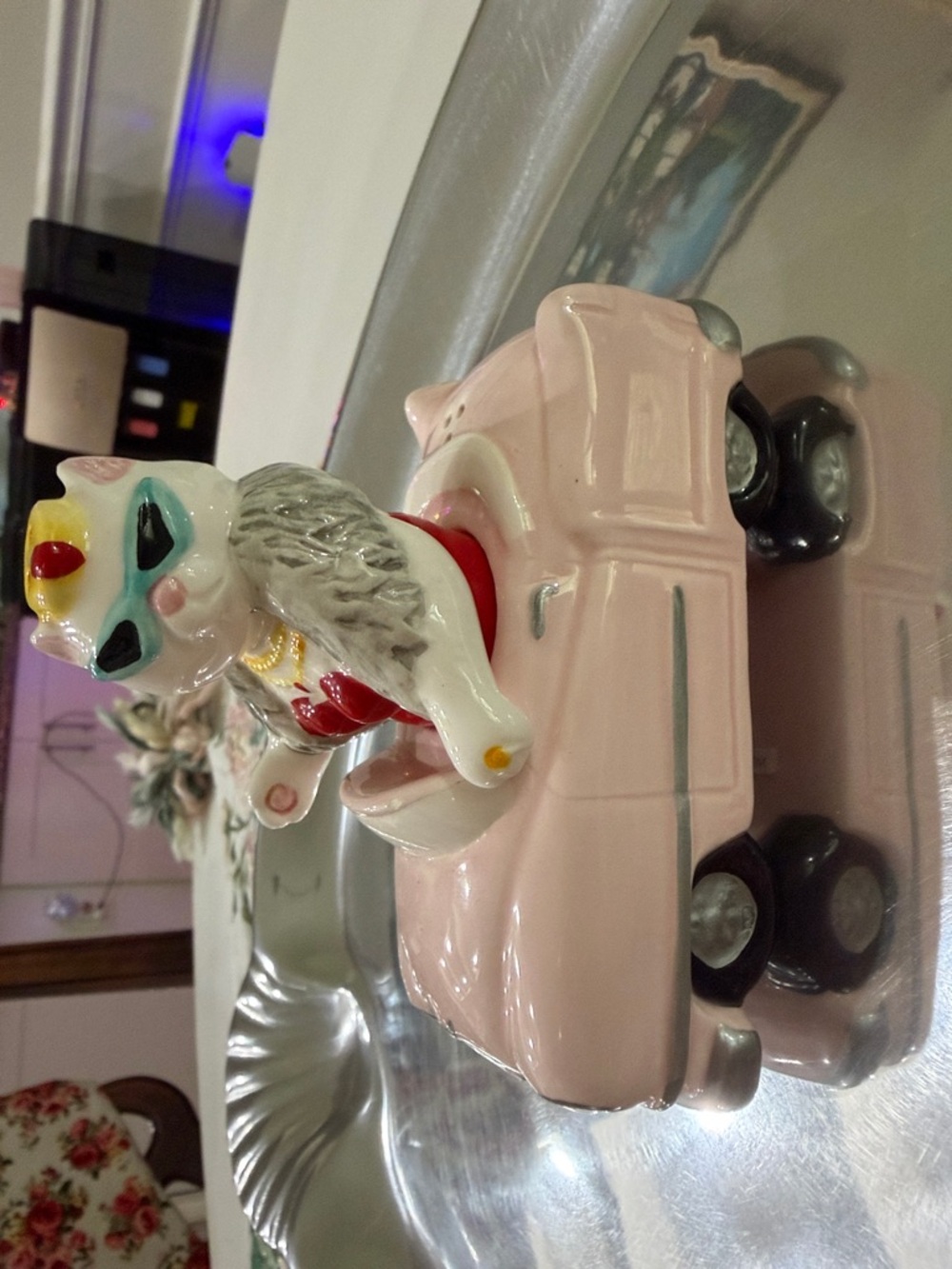 Vintage Pink Ceramic Cat in Car Figurine